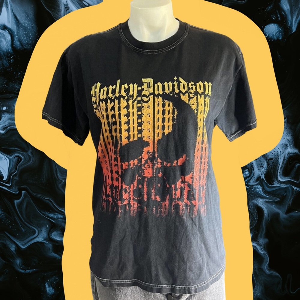 Harley Davidson Fort Wayne Black Shirt Sz M Skull Checkered Flags